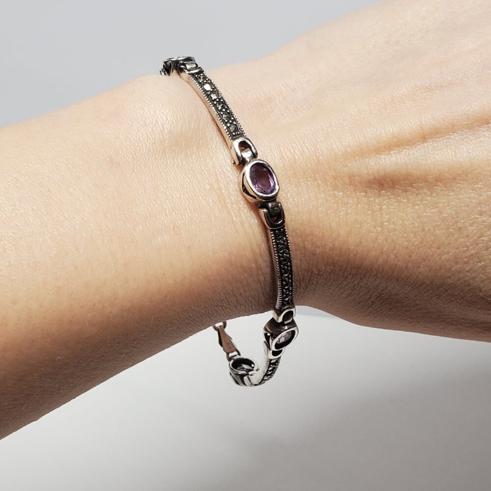 Amethyst & Marcasite Sterling Silver chain bracelet